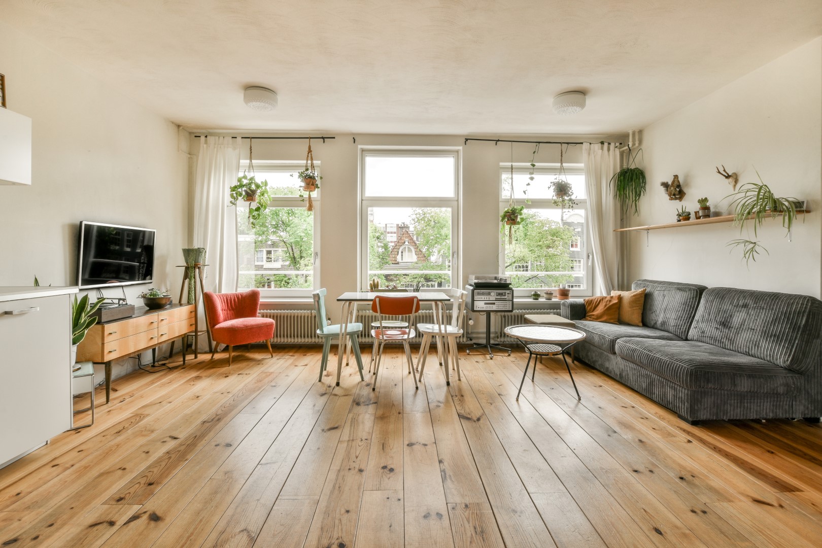 completed floor refinishing in a living room